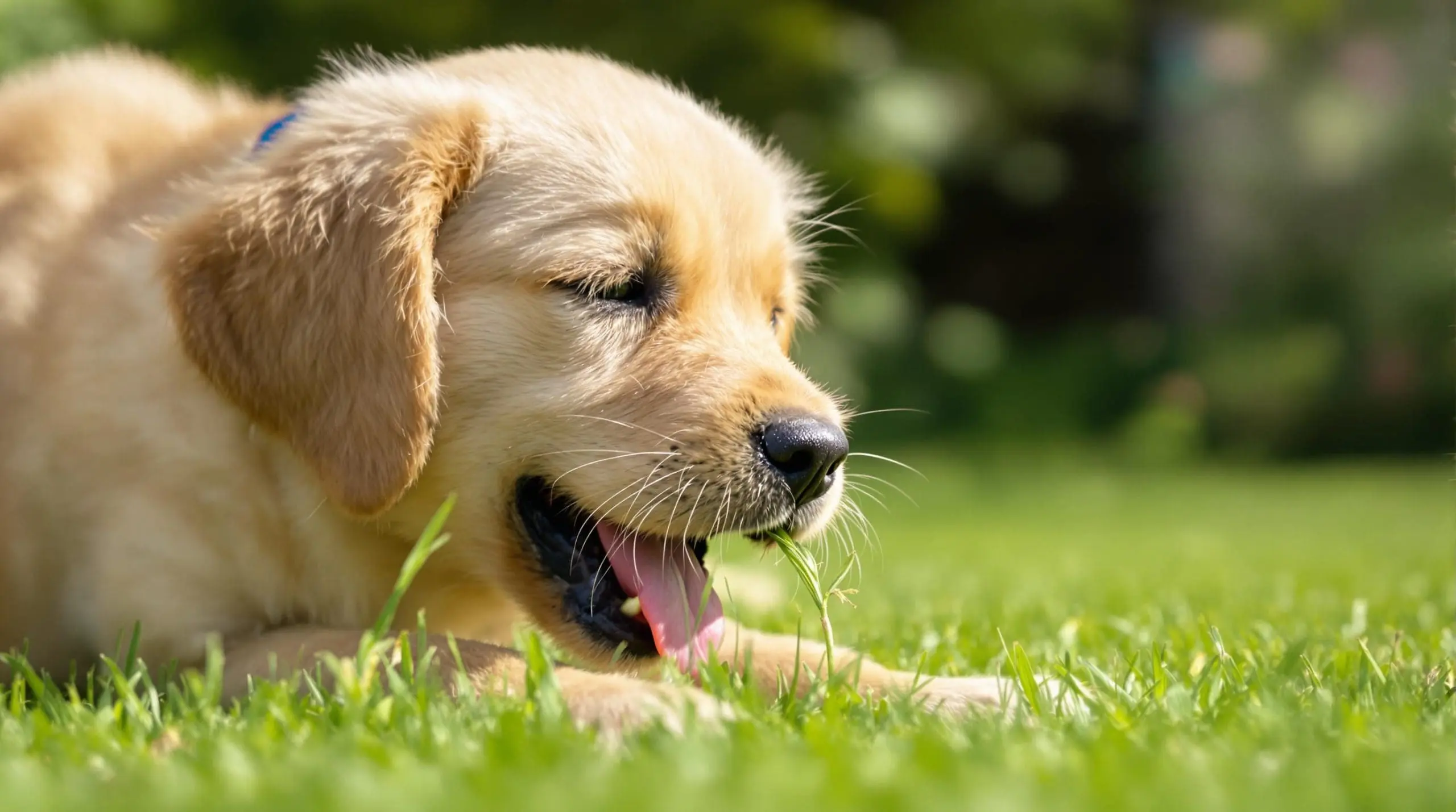 pourquoi mon chien mange de l'herbe - chien allongé qui mange de l'herbe