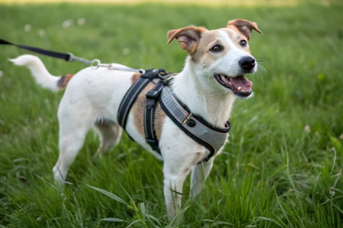 chien portant un harnais en y gris